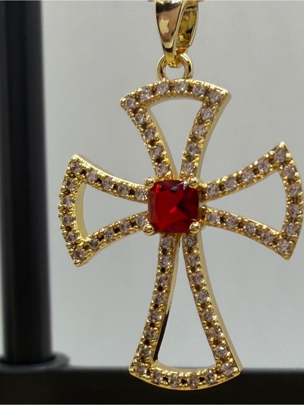 Gold Cross Pendant Necklace with Red Center Stone